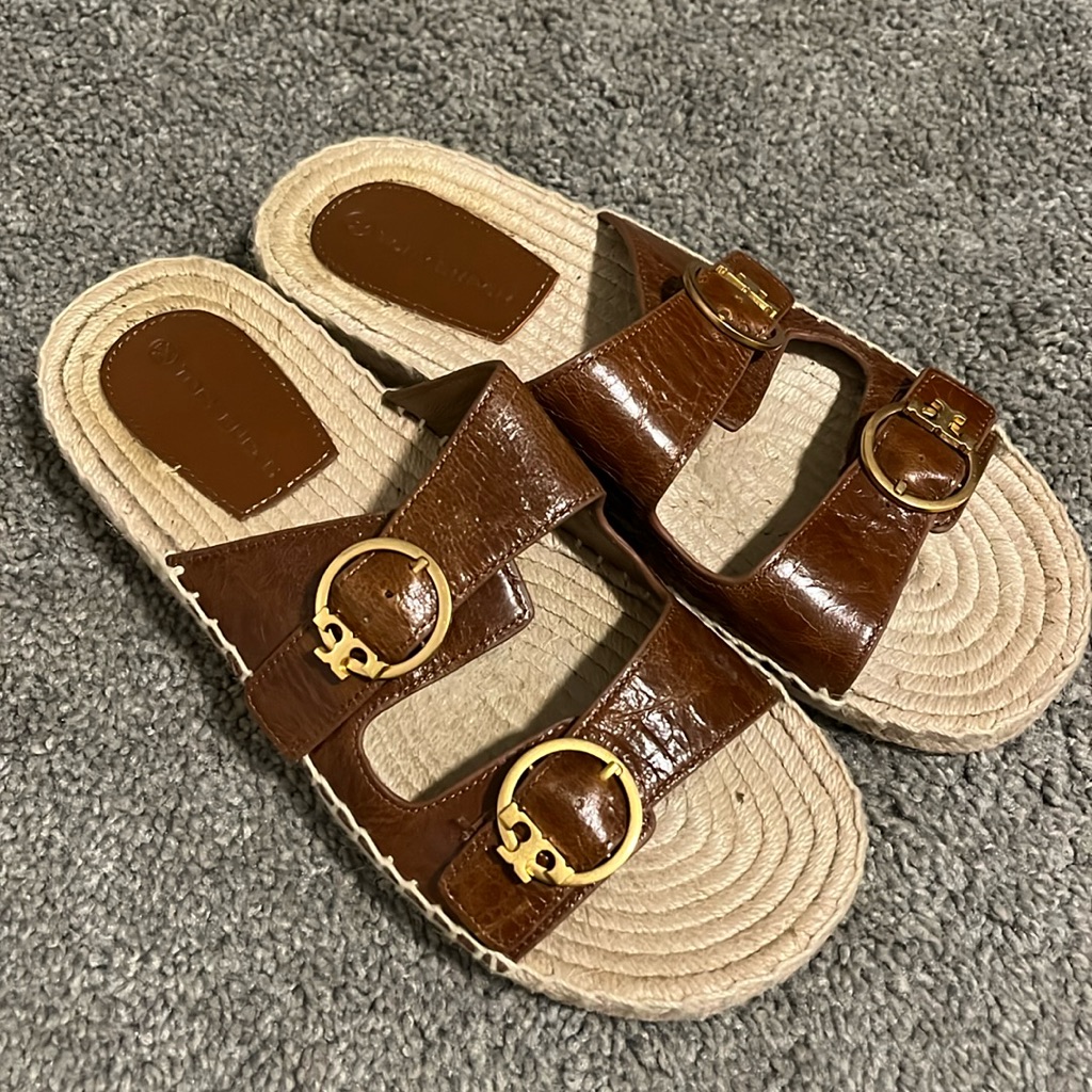 Tory Burch Brown Leather Selby Two-Band Espadrille Slide Sandal Size 9.5
